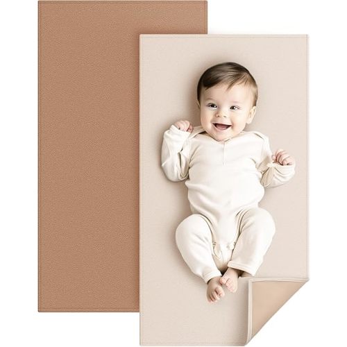 Konssy Baby Changing Mat 2 Pack, Waterproof, Wipeable & Portable Diaper Changing Pad for Travel or Home, Foldable Mat Fits Perfectly in Diaper Bag, 30 x 17 inches (Brown,Beige)