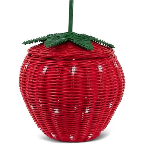 Strawberry Rattan Storage Basket with Lid Decorative Bin Home Decor Hand Woven Shelf Organizer Cute Handmade Handcrafted Gift Art Decoration Artwork Wicker Strawberry (Small)