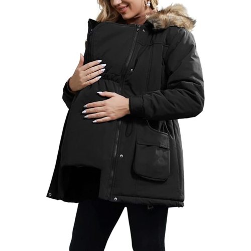 Maacie Womens Maternity 3 in 1 Thickened Outwear Fleece Lined Coat Winter Warm Hooded