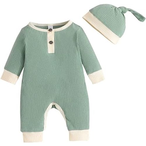 Newborn Baby Boy Girl Romper Toddler Solid Ribbed One-piece Jumpsuit Clothes Hat Infant Coverall Jumper Outfit Set