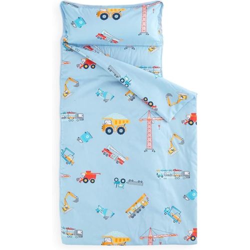 Wake In Cloud - Toddler Nap Mat with Pillow and Blanket, 100% Cotton Fabric, for Kids Boys Ages 3 Plus in Daycare Kindergarten Preschool, Cars Cranes Trucks, Blue, Standard