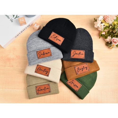 Newborn Baby Beanie with Name, Leather Patch Beanies for Baby Personalized, Infant Beanie with Name, Kid Knitted Hat, Baby Shower Gifts