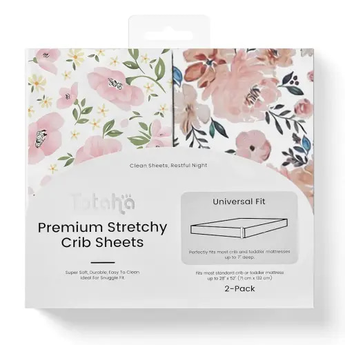 TotAha Premium Stretchy Crib Sheets (2-Pack)-Hypoallergenic, Silky Comfort, Buttery Soft, Calming Effect, All-Season Jersey-Knit Sheets, 9'' Extra Deep Pocket(Meredith Allover Floral & Pale Pink)