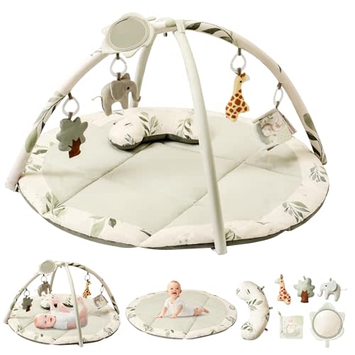 Fortella Baby Play Gym & Activity Mat, Tummy Time Mat w 5 Detachable Toys and Pillow, Large Sensory Playmat for Floor, Newborn Infant Baby Essentials Shower Gift 0-3-6-9-12 Months (Sage Green)