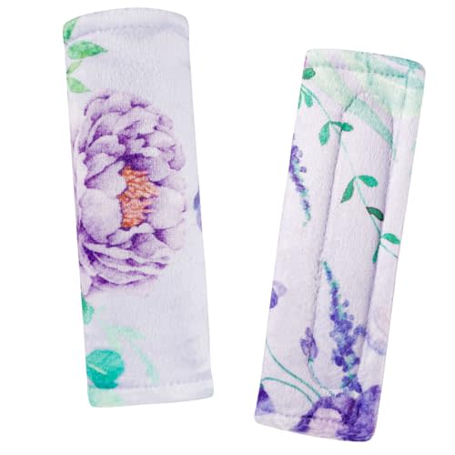 CARUILI Carseat Strap Covers for Babies, Soft Seatbelt Covers for Kids, Reversible Baby Car Seat Strap Covers, Size: 6.5 x 6.5 inch, for Baby Car Seat, Stroller, Swing, High Chair, Purple Flower