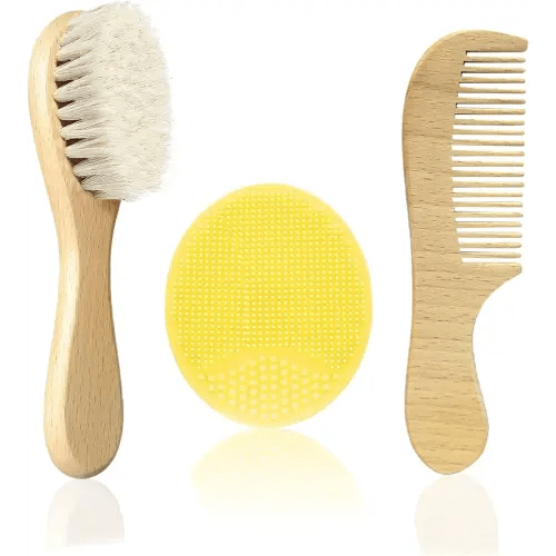 Baby Hair Brush with Wooden Handle and Comb Set for Newborns & Toddlers | Natural Soft Goat Bristles l Wood comb l Yellow Silicone Brush| Ideal for Cradle Cap (3PCS)