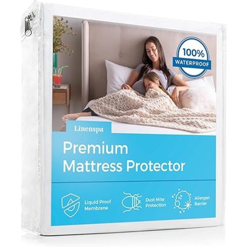 LINENSPA Premium Mattress Protector - White - Queen Size - Breathable Polyester - Fitted Style - Waterproof Design - Machine Washable & Dryer Safe - Mattress Protector for Kids, Teens, and Adults