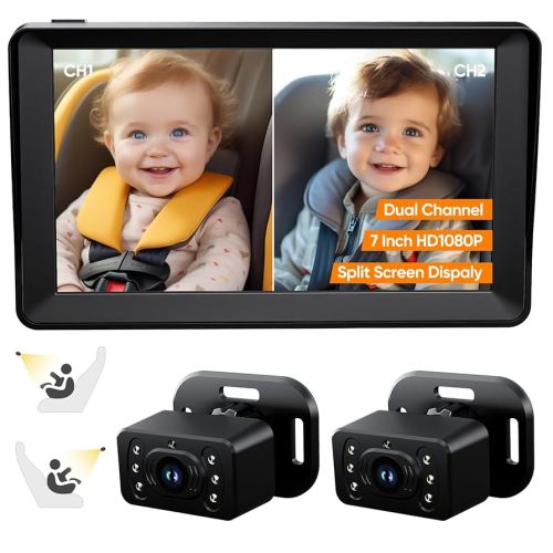 Amazon.com: Baby Car Camera for 2 Kids - 7 Inch HD1080P Split Screen Baby Monitor with Dual Backseat Camera 150° Wide View & 360° Rotatable, Night Vision Easy Install, Rear-Facing Baby Car Mirror : Baby