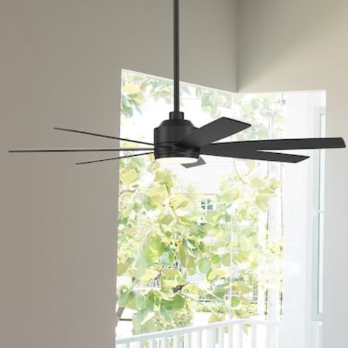 Harbor Breeze Cogdell 60-in Matte Black with Black/Auburn Blades Color-changing Integrated LED Indoor/Outdoor Downrod or Flush Mount Ceiling Fan with Light and Remote (7-Blade)