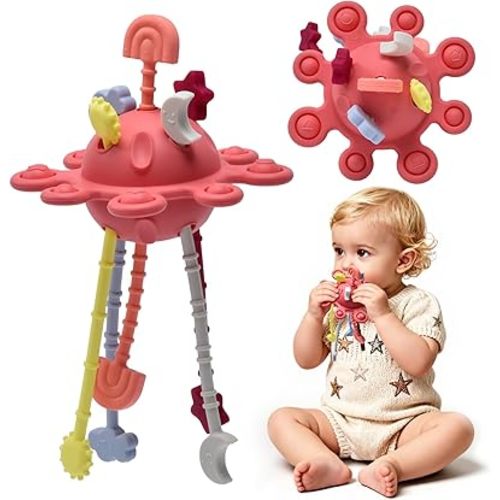 Little Rawr Silicone Baby Sensory Montessori Toys & Pull String Teething Toys for 18 M+, Toddler Birthday Gift Car Seat Airplane Travel Toy for 1 2 Year Old Boy Girl Infant 18+ Months Old (Red)