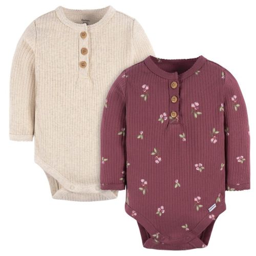 Gerber Baby Girls' Henley Long Sleeve Bodysuits, 2-pack