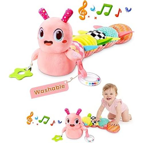 Baby Toys 0-6 Months, Washable Baby Musical Caterpillar Toys with 10 Kid's Songs,Rattles,BabyTeething Toys,Suitable for 0-6, 6-12 Months Infant Tummy Time Toy,Newborn Baby Boy&Gril Gifts(Pink)