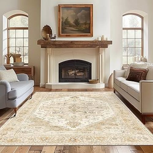 8x10 Area Rug, Vintage Distressed Pattern, Machine Washable, Ultra-Thin Chenille for Bedroom and Living Room, Lightweight Thin, Low Pile, Non-Slip with Gripper, in Brick