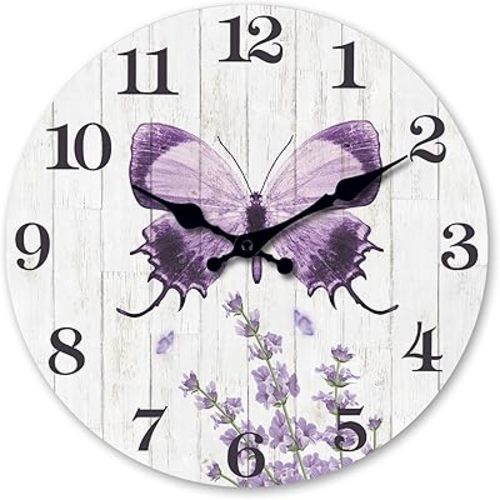 XFM Farmhouse Butterfly Wall Clock Purple Lavender Wooden Clocks 14 Inch Silent Non-Ticking Battery Operated Decorative Round Clock for Women Bedroom Living Room Kitchen