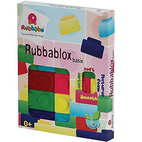 Rubbabu Rubbablox Basix Natural Rubber Foam Blocks for Building Set- Safe Soft Squishy Children's Toy with Fuzzy Tactile Surface - 12 Months & up