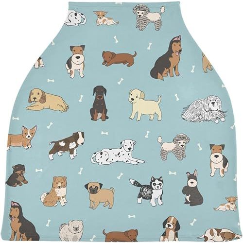 Cute Dog Puppy Baby Car Seat Cover, Stretchy Canopy Cover Soft Breastfeeding Cover Breathable Infant Stroller Cover for Newborn Girl Boy