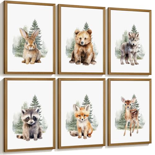 Woodland Animal Nursery Wall Art Decor Set of 6 Baby Boys Room Wall Art Forest Animal Canvas Wall Decor Kids Art Prints Watercolor Bear Deer Fox Pictures Artwork for Bedroom 8x10 Inch Wood Framed