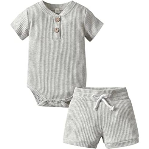 Derouetkia Summer Newborn Baby Boy Girl Clothes Solid Color Ribbed Romper and Shorts Outfits Set