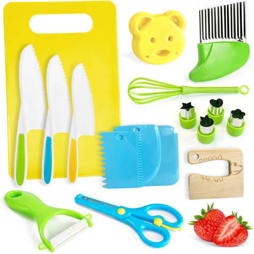 13 Pieces Kids Safe Knife Set for Real Cooking Child-Friendly Plastic Chef Tools Montessori Kitchen Toys for Toddlers with Bright Colors Gifts for Boys and Girls