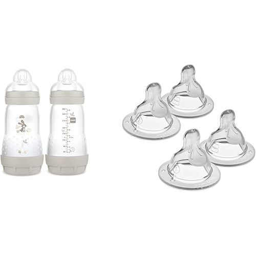 MAM Easy Start Anti-Colic Baby Bottles, 9 oz (2 Count) & Nipples Mixed Flow Pack - Slow Flow Level 1 & Medium Flow Level 2, Fits All MAM Bottles (4 Count)