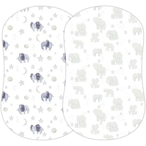 Baby Bassinet Sheets for Boy, Girl (Watercolor Elephants) 2-Pack - Fitted Bedside Bassinet Sheets - Buttery Soft Cotton Blend for Standard Mattress Pad - Compatible with Halo BassiNest