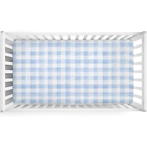 Watercolor Gingham Tartans Baby Crib Sheets for Boys Girls Blue and White Checkered Soft Stretchy Fitted Newborn Bedding Nursery Baby Sheets 52x28 Buffalo Plaids Pastel Standard Crib Mattress Covers