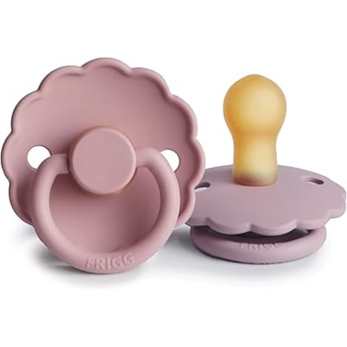 FRIGG Daisy Natural Rubber Baby Pacifier | Made in Denmark | BPA-Free (Baby Pink/Soft Lilac, 0-6 Months) 2-Pack