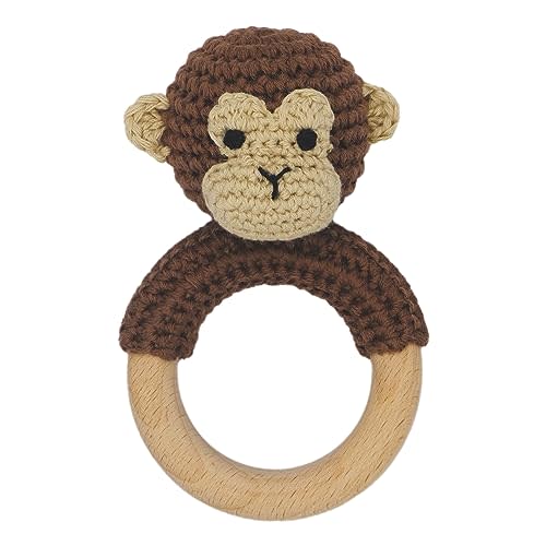 Joliecraft Safari Animals Wooden Baby Rattle Toys Stuffed Crochet Rattle with Teether Ring for Newborn, Brown Monkey