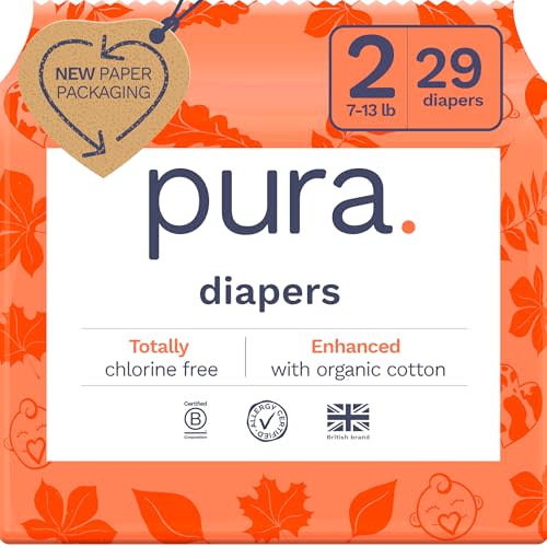 Pura Size 2 Eco-Friendly Diapers (7-13 lbs) TCF, Hypoallergenic, Soft Organic Cotton Comfort, Sustainable, Wetness Indictor. Allergy UK, Paper Packaging. 1 Pack of 29