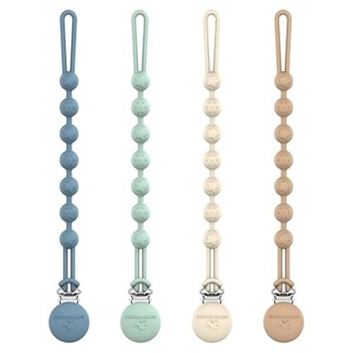 Cuddle Campus Silicone Pacifier Clip Holder with One Piece Design,Soft Flexible Binky Clips with Texture for Baby Boy and Girl Pack of 4 (6m+)