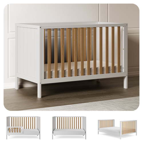 HARPPA 5-in-1 Convertible Baby Crib for Infant to Toddler, White + Natural