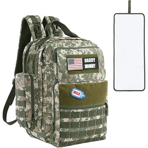 MABOZOO Diaper Bag Backpack for Dad, Green Camouflage Military Diaper Bag Backpack with Waterproof Changing Pad,Large Mens Baby Bag,Unisex Molle Style Baby Backpack Bag
