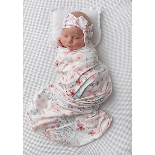 Newborn Floral Print Blanket Baby Stretch Wrap Swaddle Blanket Receiving Blanket with Matching Headband and Beanie (Small Flower and Leaf)