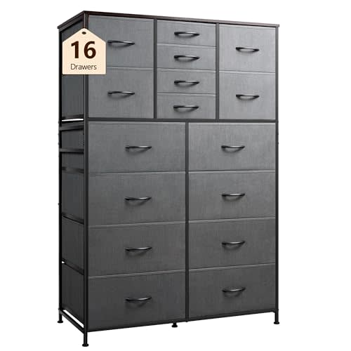 WLIVE 16 Drawers Dresser, Tall Dresser for Bedroom, Closet, Hallway, Storage Organizer Unit, Large Dressers & Chests of Drawers with Fabric Bins, Dark Grey