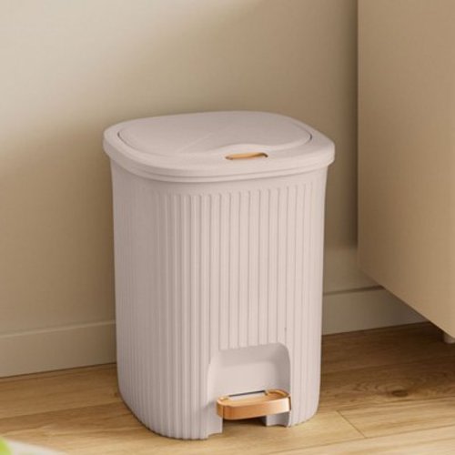 Rwvbm 13-Gallon Foot Pedal Trash Can with Lid Touchless Kitchen & Bathroom Waste Bin Beige Gray Plastic 10.63" x 10.24" x 7.68" Hands-Free & Odor Control