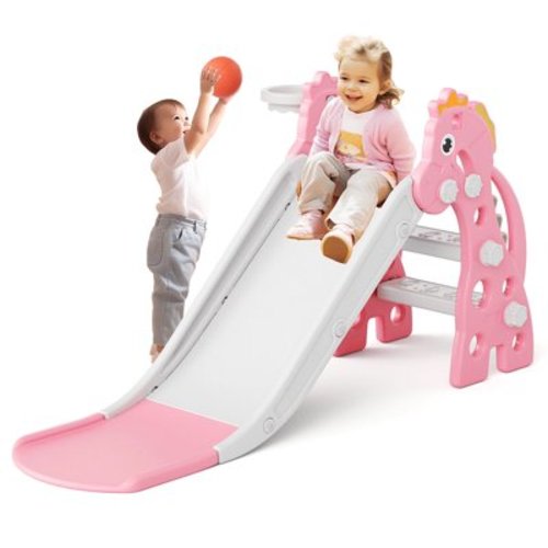 KORIMEFA Toddler Slide Indoor Slide for Toddlers Age 1-3 Kids Indoor Outdoor Slide Baby Plastic Play Slide with Basketball Hoop and Ball Foldable Slide, Pink
