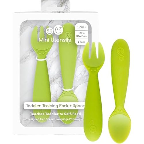 ezpz Mini Utensils - 12 Months+ (Fork & Spoon in Lime) - 100% BPA Free Fork and Spoon - Toddler Utensils - Designed by a Pediatric Feeding Specialist