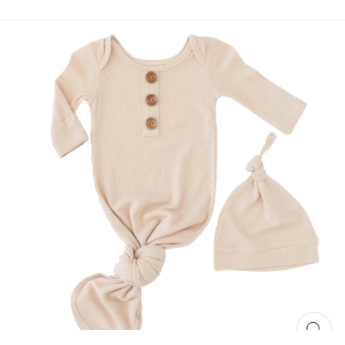 Oatmeal Waffle Bamboo Newborn Baby Knot Gown & Hat Set