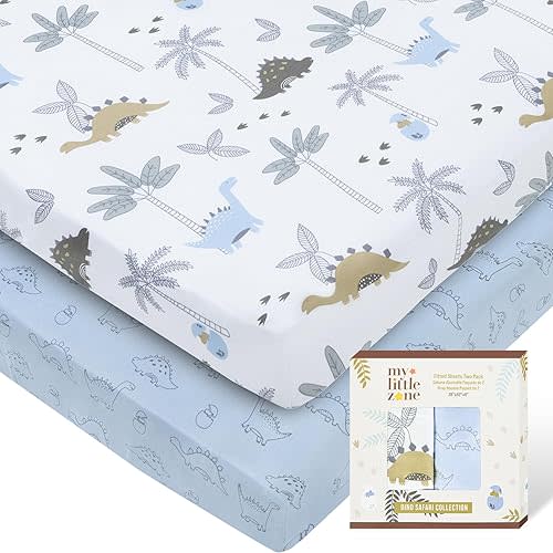 100% Cotton Crib Fitted Sheets for Baby Boys and Girls, Dinosaur - Breathable Toddler Bed Sheet Set - Dino Safari, 28x52 with 8" Deep Pocket, Blue-White, 2 Pack