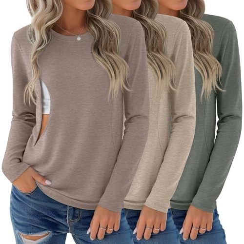 3 Pack Nursing Tops for Breastfeeding Maternity Shirts Zipper Long Sleeve Round Neck Knit Casual Nursing Clothes