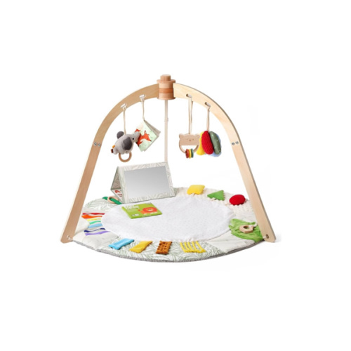 Wooden Baby Play Gym Mat – Anti - Slip Tummy Time & Activity Mat, 5 Developmental Zones & 6 Sensory Toys for Motor Skills, Easy Install & Clean | Newborn Essentials Gift
