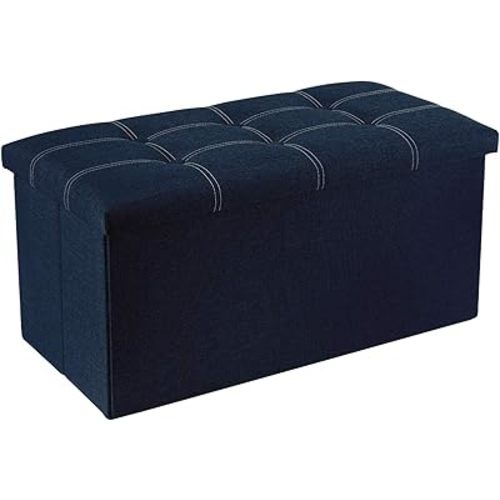 YOUDENOVA 30 Inches Folding Ottoman with Storage, Footrest Seat Support 350lbs, Bench for Living Room Bedroom, Linen Fabric Blue