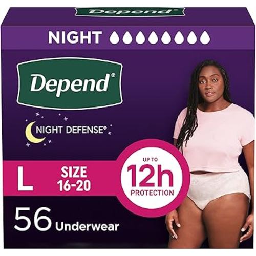 Depend Night Defense Adult Diapers, Incontinence & Postpartum Bladder Leak Underwear for Women, Disposable, Overnight, Large, Blush, 56 Count (4 Packs of 14), Packaging May Vary