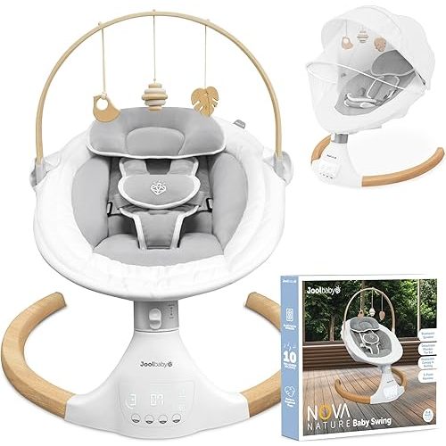 Jool Baby Nova Nature Baby Swing for Newborns – Natural Wood Toys, Electric Motorized Infant Swing, Bluetooth Music