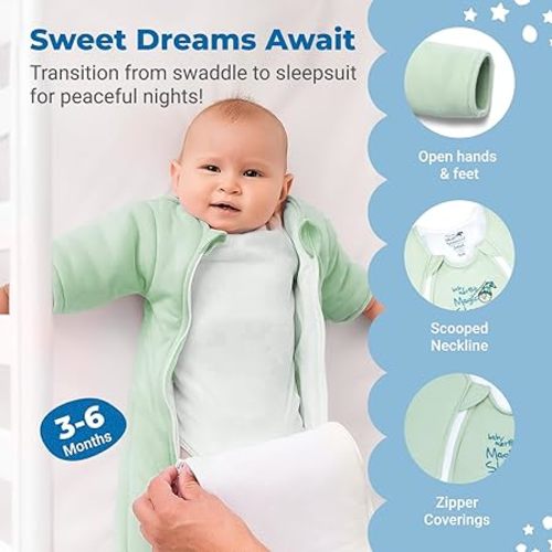 Baby Merlin's Magic Sleepsuit - Cotton Baby Swaddle Transition Product - Soft and Breathable Design, Double Zipper for Easy Diaper Changes, Promotes Safe Sleep - Sage Green - Large 18-21lbs
