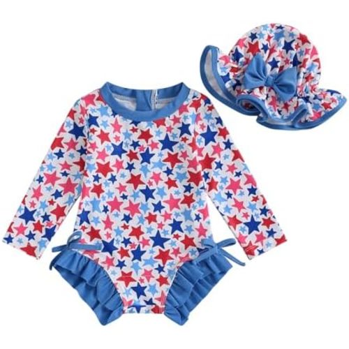 WASAIGOOD Infant 4th of July Swimsuit Baby Girl July 4th Bathing Suit Toddler Girl Long Sleeve Rash Guard Swimsuit with Hat