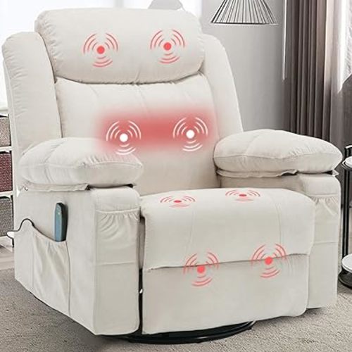 Massage Rocker Recliner Chair with Heat for Adult, Fabric Overstuffed Swivel Recliners Single Sofa Reclining Rocking Manual Home Theater Recliners Lounge Chairs for Living Room,Cream White