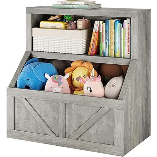 Wooden Kids Bookshelf and Toy Storage Organizer,with Storage Cabinet and Toy Shelf, Floor Standing Toy Organizer,Anti-Tip Design Perfect for Playroom, Nursery, Bedroom, Study Area,Grey
