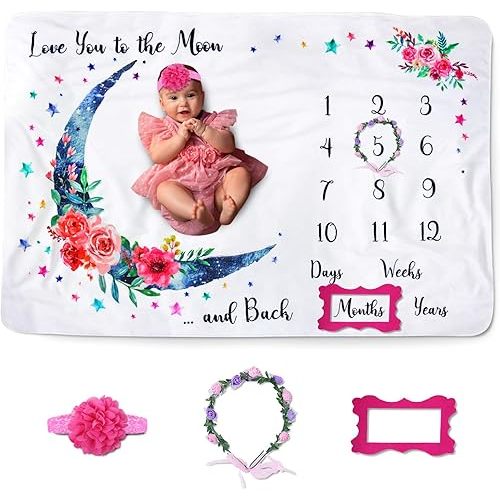 Jamie&Jayden Baby Monthly Milestone Blanket for Baby Girl, Photo Blanket for Newborn and Baby Pictures. Includes Headband, Wreath and Frame 60”x40