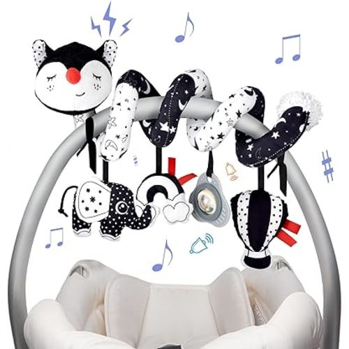 XIXILAND Musical Car Seat Toys Black and White Baby Toys, Infant Toys 0-6 Months Stroller Toys Newborn Toys, High Contrast Baby Toys for Newborn, Gift for 0 3 6 9 12 Months Girls Boys Babies